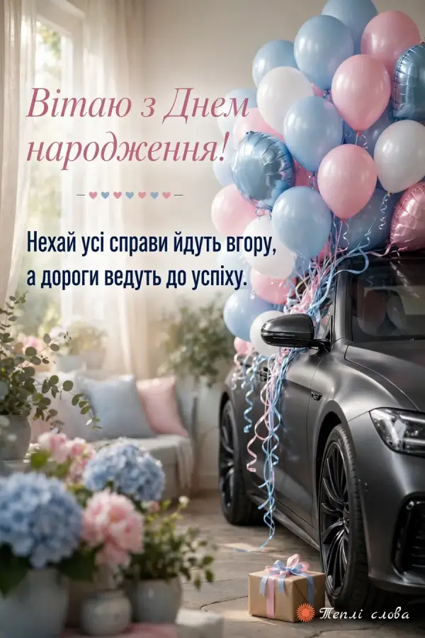 Темне авто з блакитними й рожевими кульками і побажання доріг до успіху