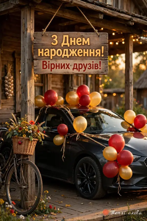 Авто з червоними й жовтими кульками під навісом і табличка «Вірних друзів!»