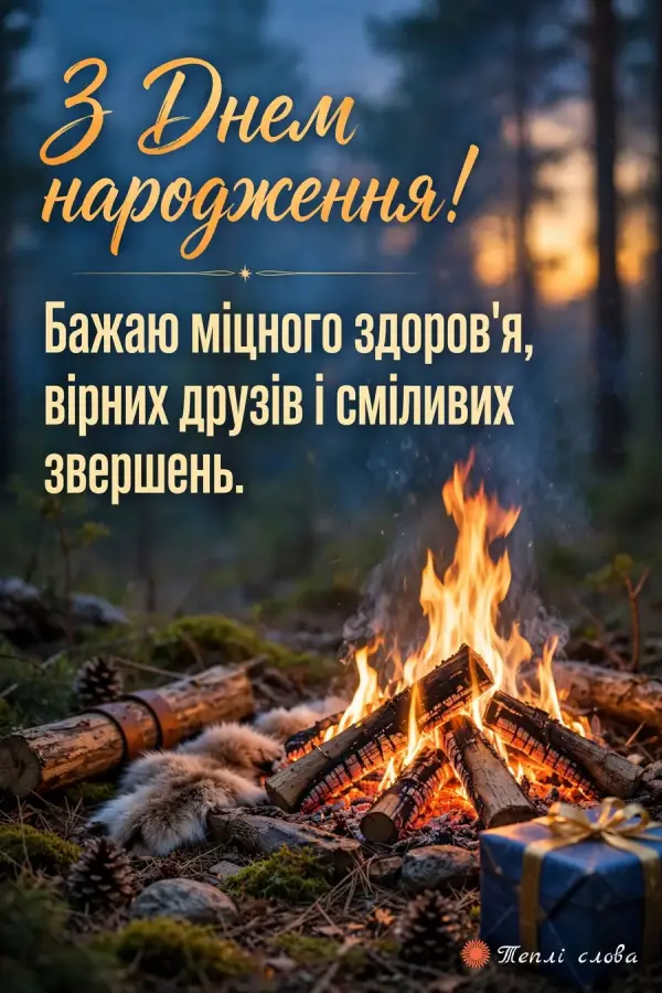 Листівка з днем народження чоловіку: багаття в лісі ввечері, подарунок і побажання сміливих звершень