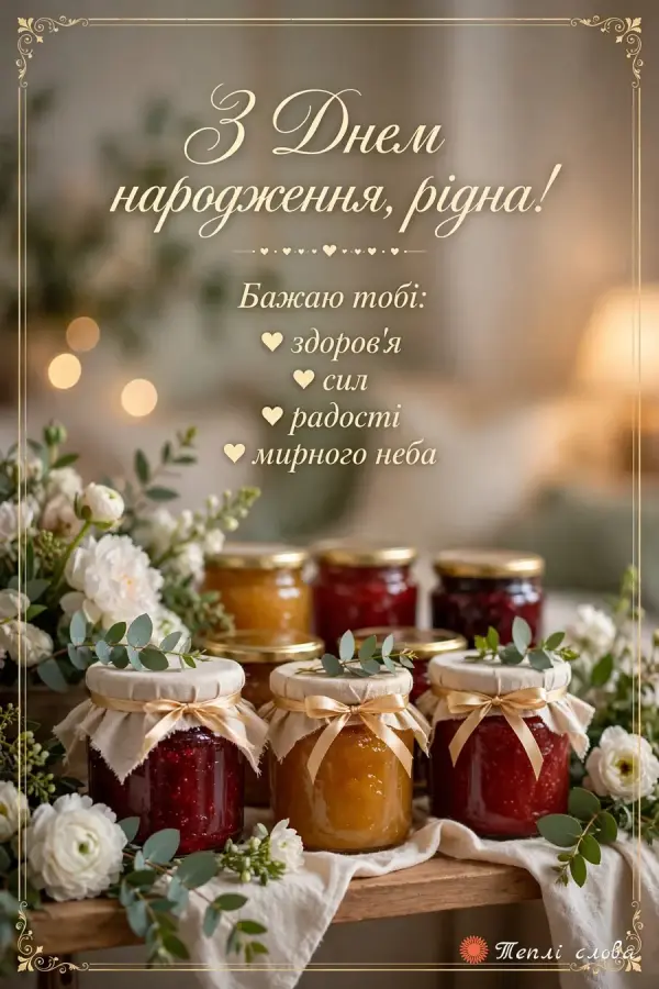 Банки домашнього варення з бантами серед квітів, список: здоров'я, сил, радості, мирного неба