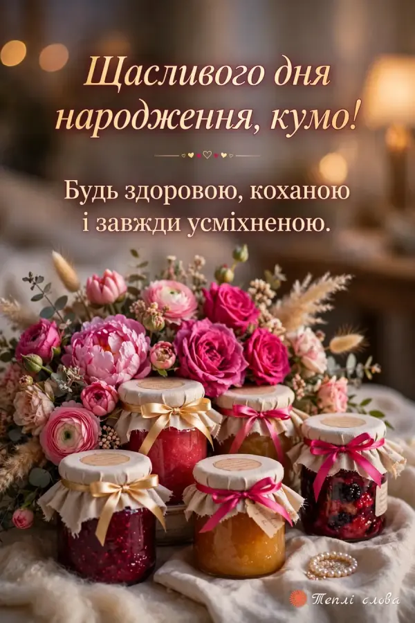 Банки домашнього варення зі стрічками серед троянд, «Щасливого дня народження, кумо!»