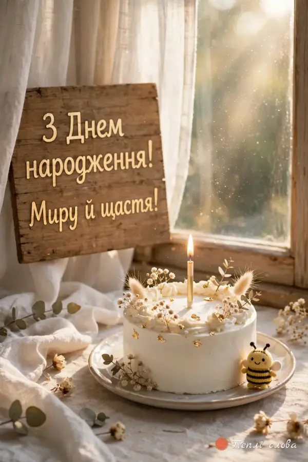Бенто-торт зі свічкою й бджілкою та дерев'яна табличка «Миру й щастя!»