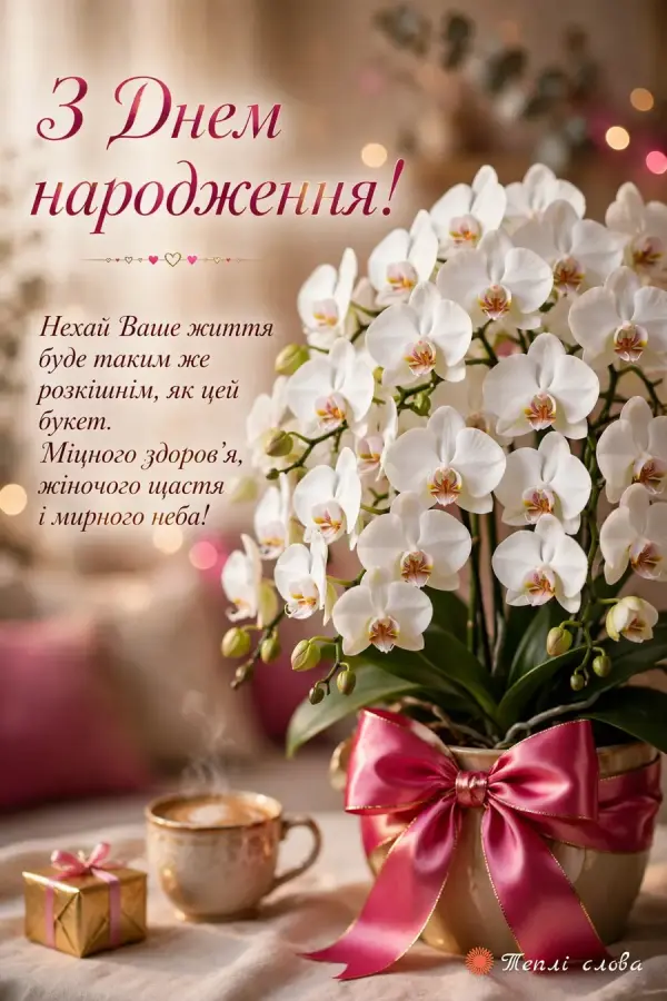 Листівка з днем народження жінці: біла орхідея з рожевим бантом, чашка кави й побажання розкішного життя