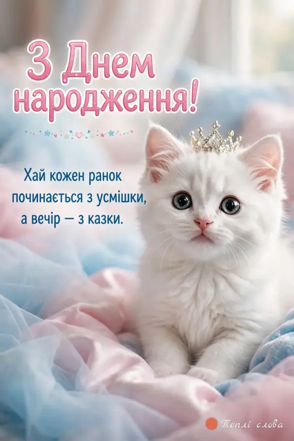 Біле кошеня в маленькій короні і побажання ранку з усмішкою, а вечора — з казкою
