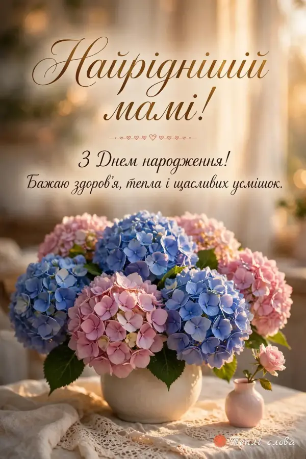 Блакитні й рожеві гортензії на мереживі — «Найріднішій мамі!»