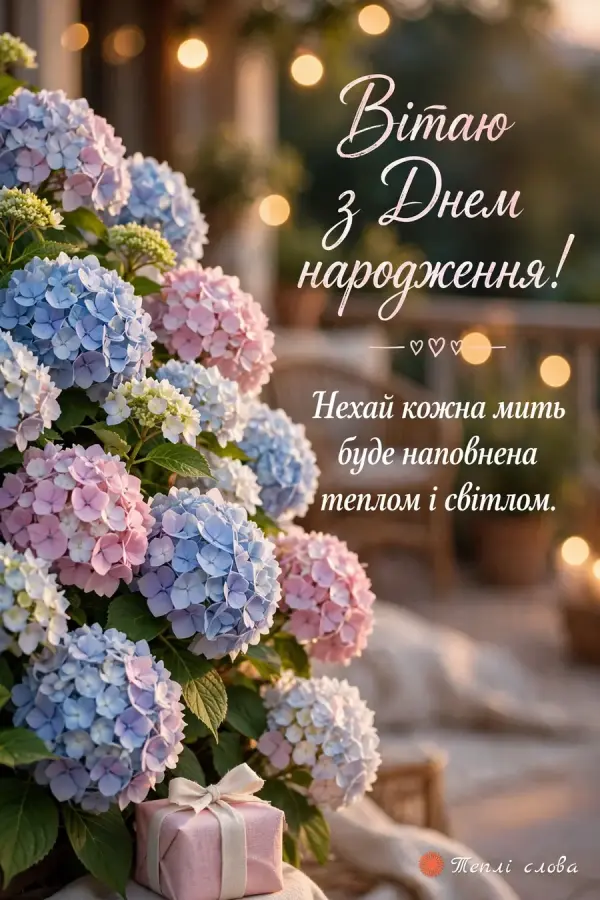 Блакитні й рожеві гортензії на терасі ввечері, побажання тепла і світла в кожній миті