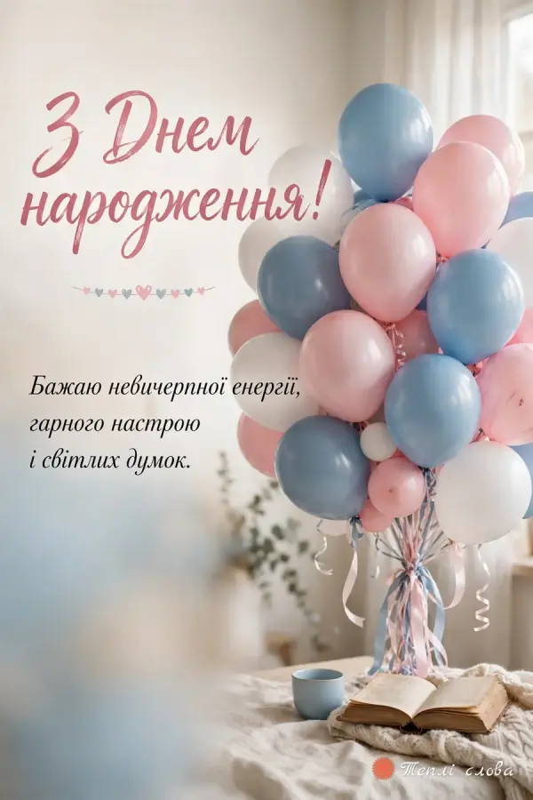 Оберемок блакитних і рожевих кульок у світлій кімнаті і побажання гарного настрою