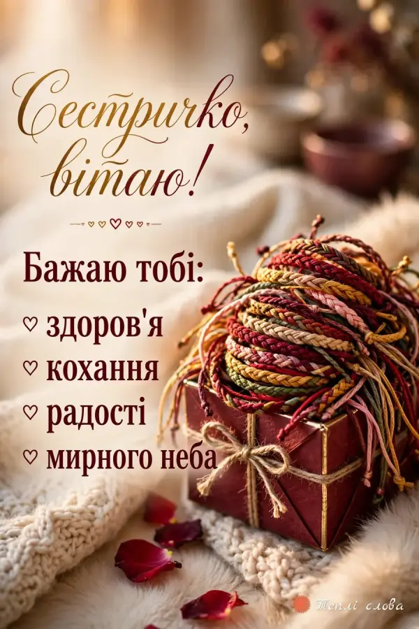 Браслети дружби на подарунковій коробці і список: здоров'я, кохання, радості, мирного неба