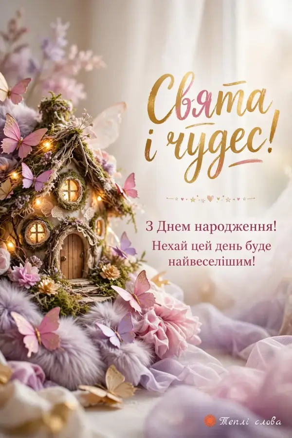 Будиночок феї з вогниками й паперовими метеликами, напис «Свята і чудес!»