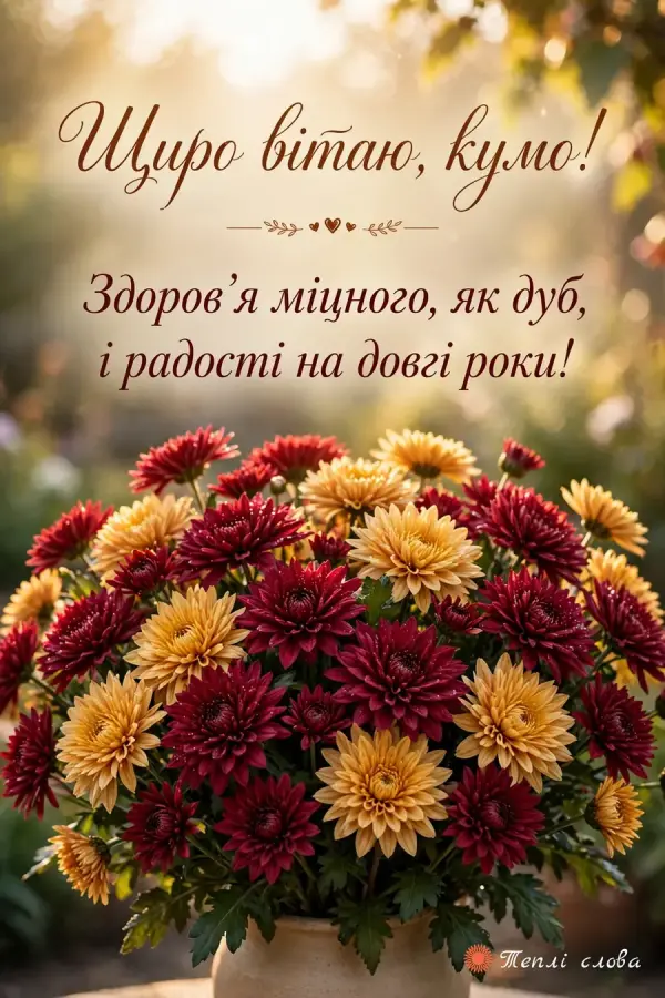Пишний букет бордових і жовтих хризантем, «Щиро вітаю, кумо!» з побажанням міцного здоров'я