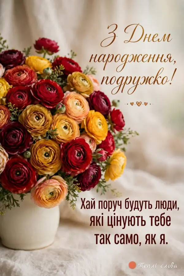 Пишний букет ранункулюсів, побажання людей, які цінують тебе так само, як я