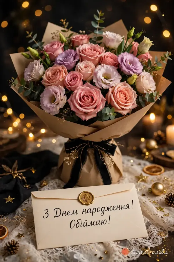 Букет троянд і еустом у крафт-папері та конверт з написом «Обіймаю!»