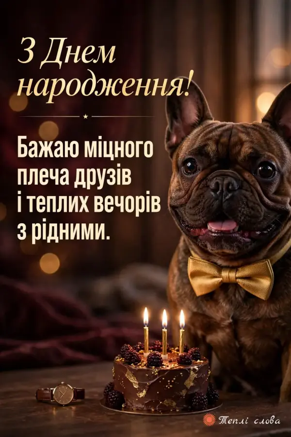Французький бульдог із золотим метеликом біля шоколадного торта зі свічками