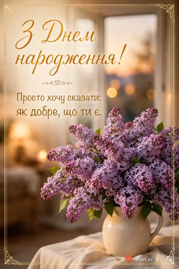 Привітання своїми словами: бузок у глечику біля вікна і «як добре, що ти є»