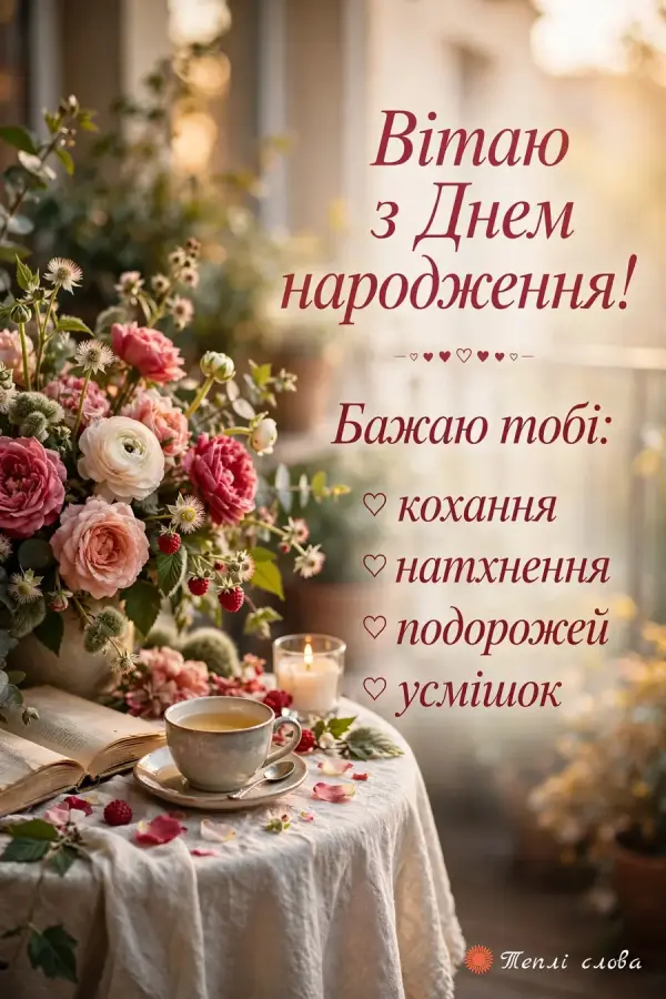 Чай, троянди й свічка на балконному столику, список побажань: кохання, подорожей, усмішок