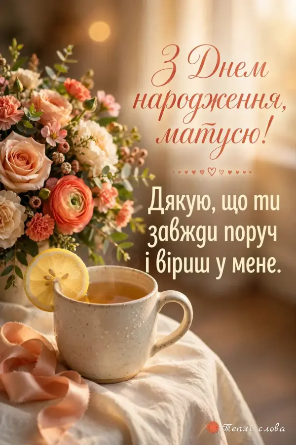 Чашка чаю з лимоном і букет троянд, подяка «Дякую, що ти завжди поруч»