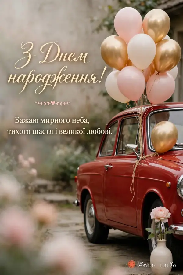 Червоне ретро-авто з золотими й рожевими кульками і побажання мирного неба та любові