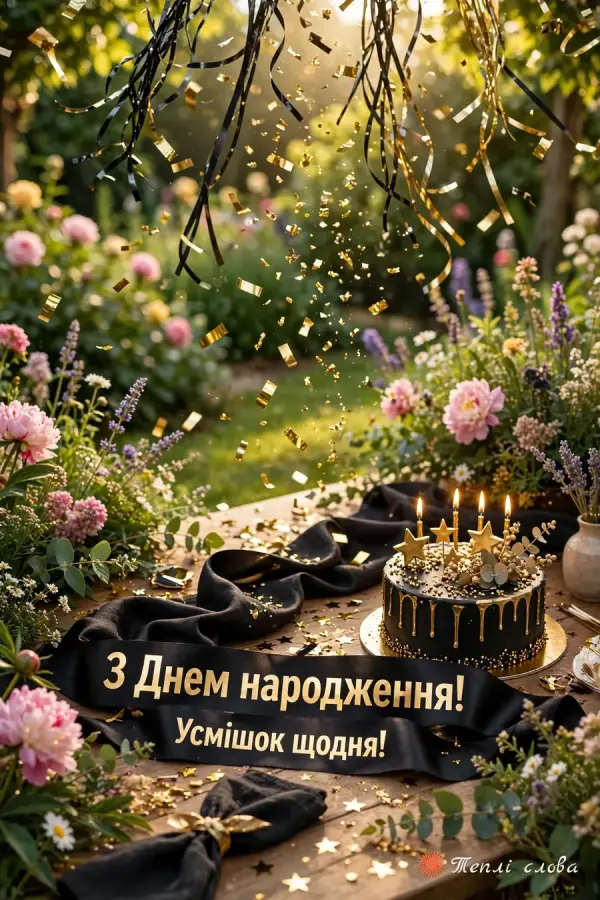 Чорна атласна стрічка із золотим написом «Усмішок щодня!» серед квітів і конфеті в саду