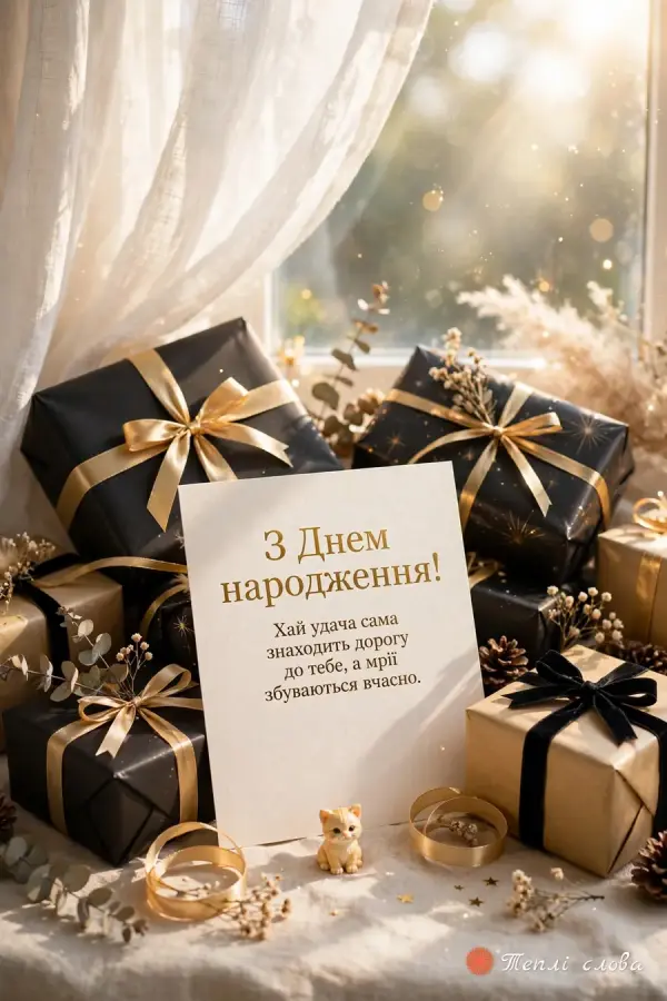 Подарунки в чорному папері з золотими бантами та листівка з побажанням удачі