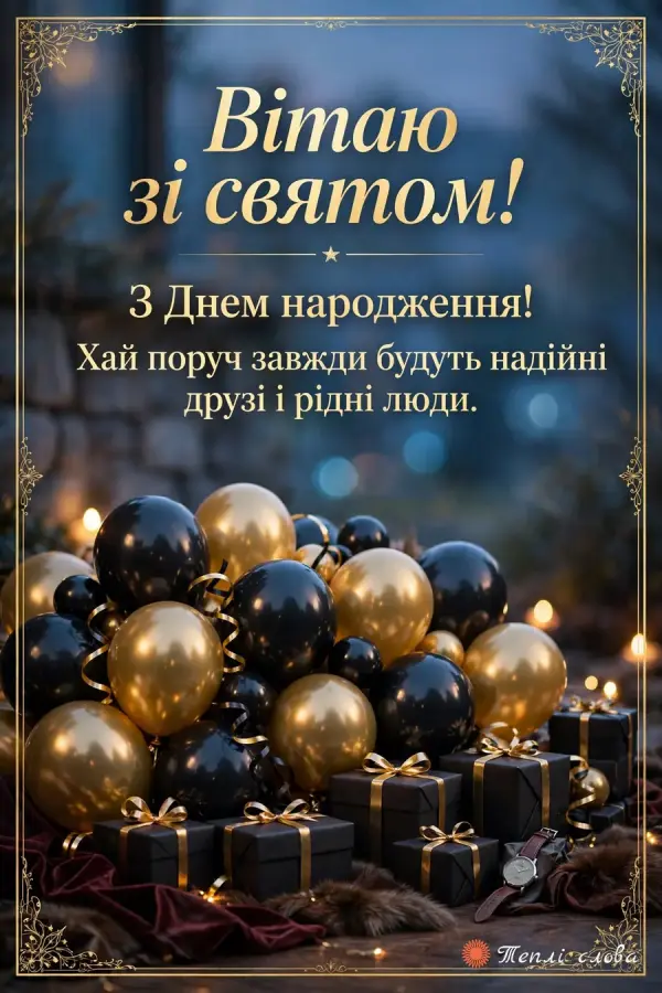 Чорно-золоті кульки й подарунки з годинником, «Вітаю зі святом!» для надійного друга
