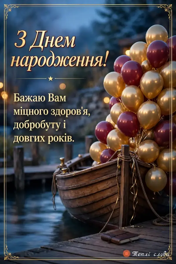 Дерев'яний човен біля пірсу з бордовими й золотими кульками, побажання здоров'я і добробуту