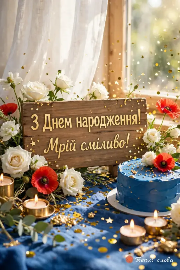 Дерев'яна табличка «Мрій сміливо!» серед білих троянд, маків і свічок