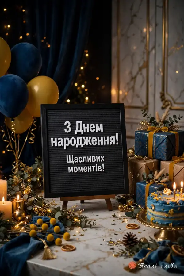 Сині й золоті кульки, подарунки й дошка з літерами «Щасливих моментів!»