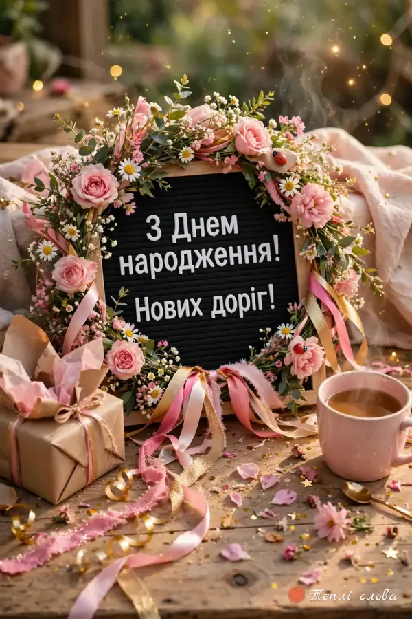 Дошка з літерами «Нових доріг!» у вінку з троянд і стрічок