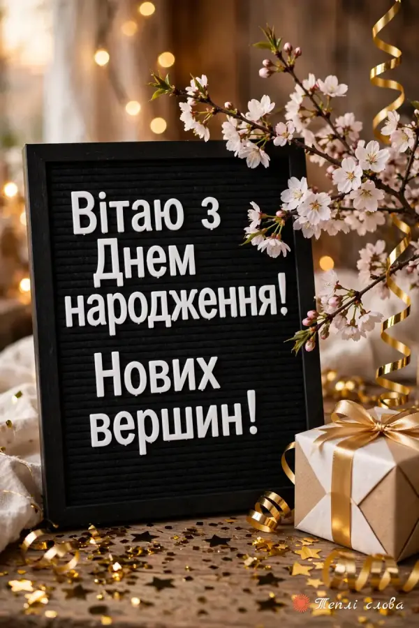 Дошка з літерами «Нових вершин!» поруч із вишневим цвітом і подарунком