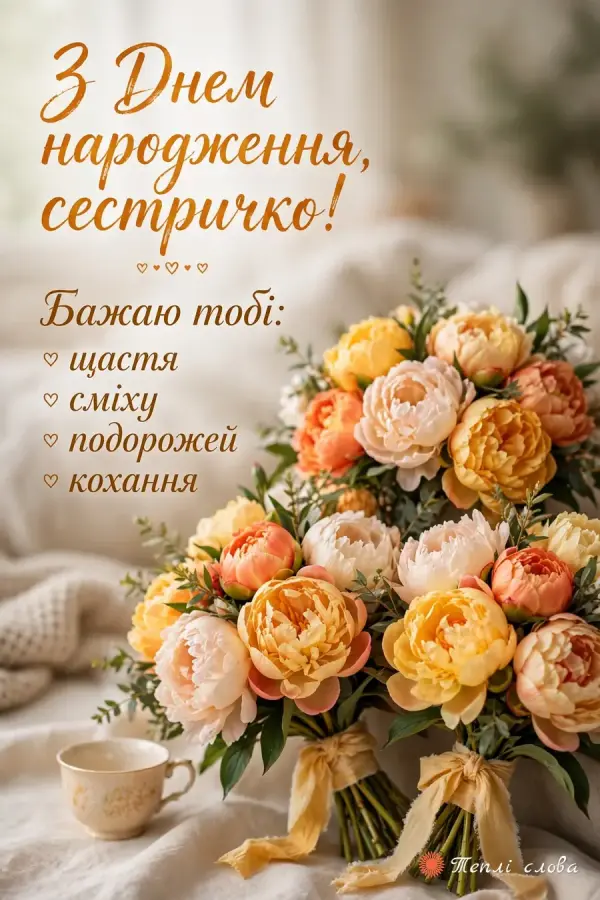 Два букети персикових півоній зі стрічками і список: щастя, сміху, подорожей, кохання