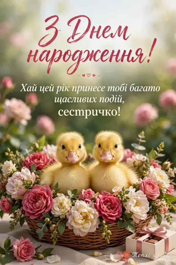 Двоє жовтих каченяток у кошику з трояндами, побажання щасливих подій