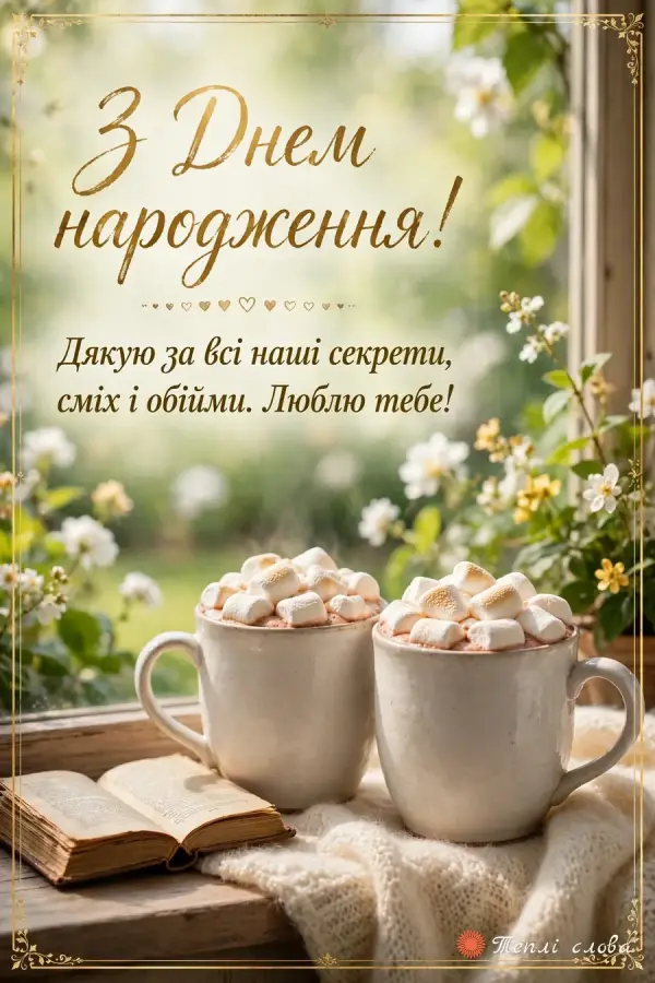 Дві чашки какао з маршмелоу біля вікна: «Дякую за всі наші секрети, сміх і обійми»