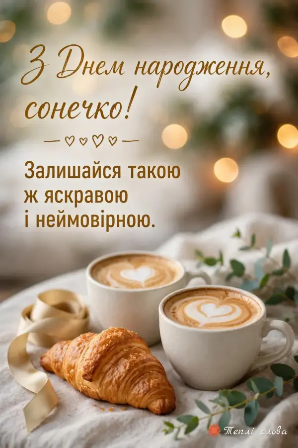 Два капучино з сердечками й круасан, «З Днем народження, сонечко!»
