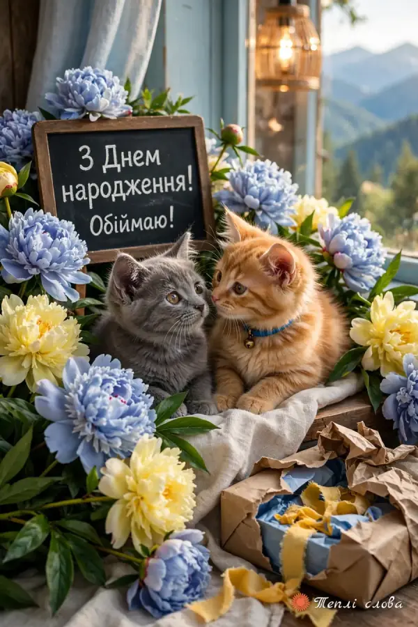 Двоє кошенят серед блакитних і жовтих півоній біля дошки «Обіймаю!»
