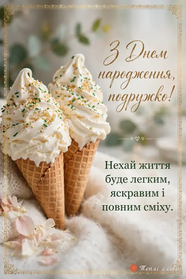 Листівка з днем народження подрузі: два морозива в ріжках з посипкою і побажання легкого життя