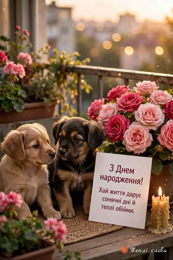 Двоє цуценят біля троянд, свічки й листівки з побажанням сонячних днів