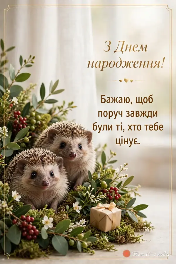 Двоє їжачків серед ягідок і зелені, побажання людей, які тебе цінують