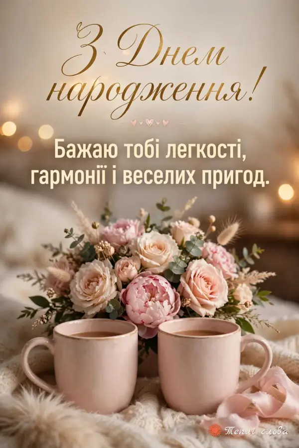 Дві рожеві чашки з букетом троянд і побажання легкості, гармонії та пригод