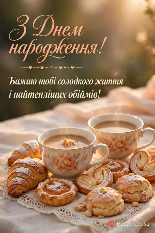 Дві чашки й випічка на мереживній серветці, побажання солодкого життя й обіймів