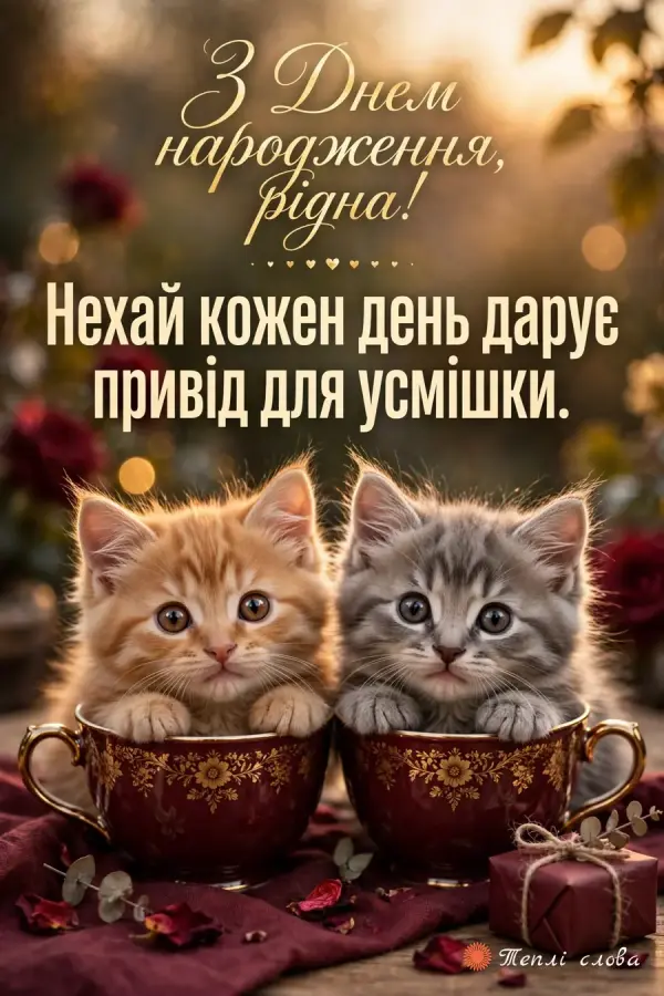 Руде й сіре кошенята в бордових чашках, побажання щоденного приводу для усмішки