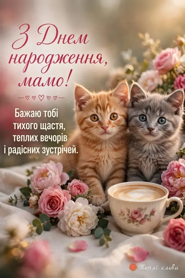 Руде й сіре кошенята з чашкою кави серед троянд, побажання тихого щастя і теплих вечорів