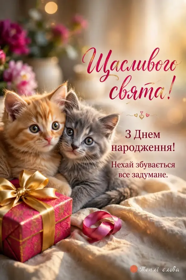 Руде й сіре кошенята обіймаються біля подарунка — «Щасливого свята!»