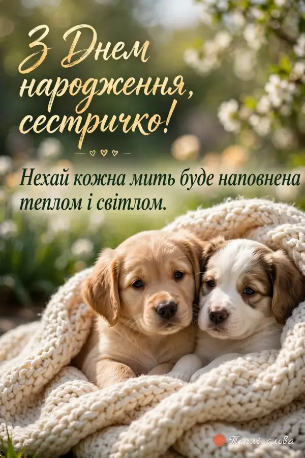 Двоє цуценят під в'язаним пледом і побажання митей, наповнених теплом і світлом