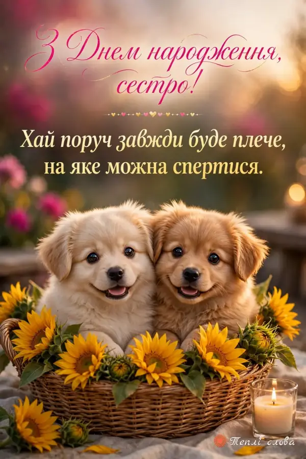Двоє цуценят у кошику з соняшниками: хай поруч буде плече, на яке можна спертися