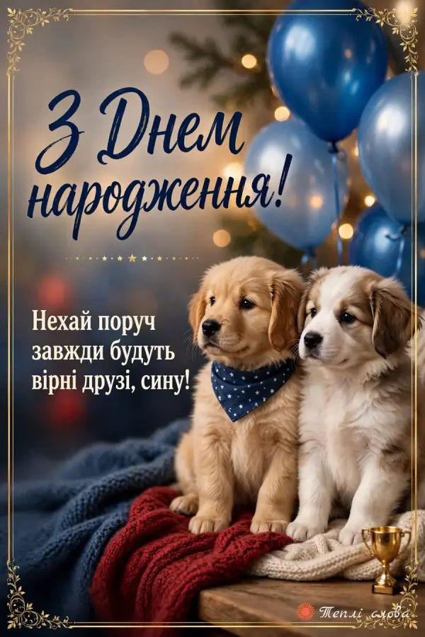 Двоє цуценят на пледі з синіми кульками і побажання вірних друзів поруч