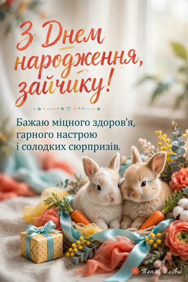 Двоє зайченят з морквинками і стрічкою — «З Днем народження, зайчику!»