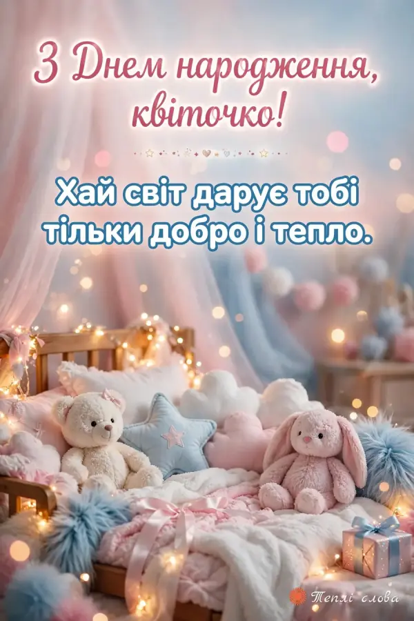Дитяче ліжечко з гірляндою, ведмедиком і зайчиком — «З Днем народження, квіточко!»