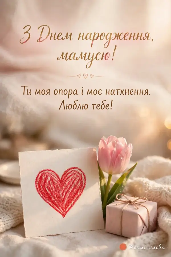 Дитячий малюнок-серце, тюльпан і подарунок — «Ти моя опора і моє натхнення»