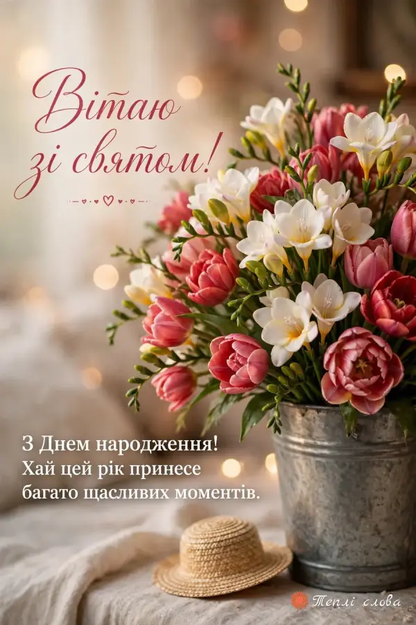 Фрезії й тюльпани в цинковому відрі, напис «Вітаю зі святом!» і побажання щасливих моментів