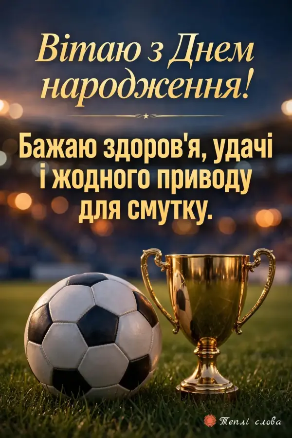 Футбольний м'яч і золотий кубок на стадіоні, побажання здоров'я, удачі і жодного смутку